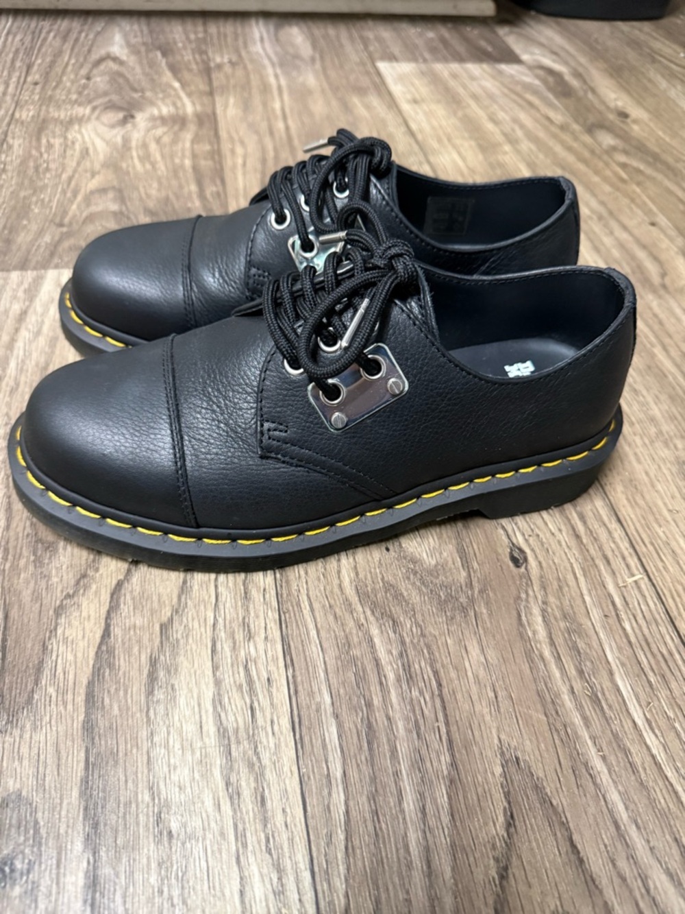 Dr. Martens Black Leather Derby Shoes with Yellow Stitching - Picture 5 of 6
